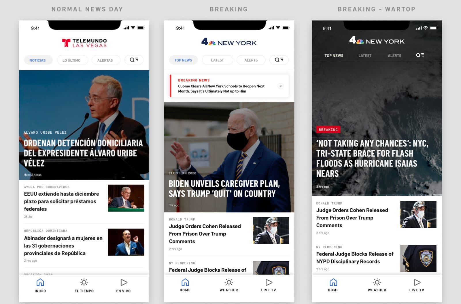 The redesigned Telemundo and NBC New York apps on three phones — a normal news day, a breaking-news state, and a full-bleed breaking layout.