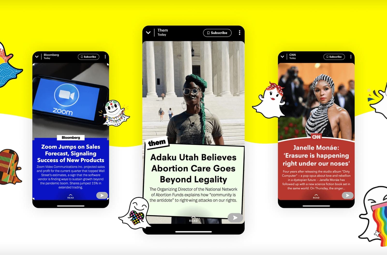 Three phones showing Bloomberg, Them, and CNN publisher stories in Snapchat Discover, ringed by Snap's ghost stickers on a yellow field.